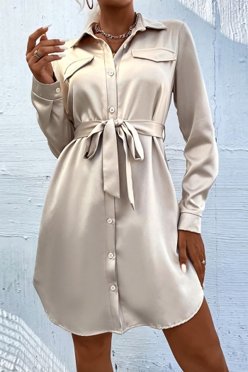 autumn new solid color satin non-stretch single-breasted long sleeves casual mini dress(with belt)