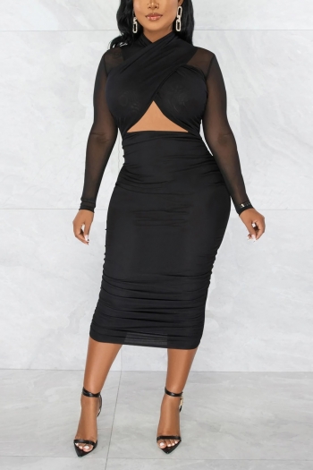 autumn new stylish 5-colors mesh patchwork see-through zip-up shirring  slight stretch plus size hollow sexy midi dress