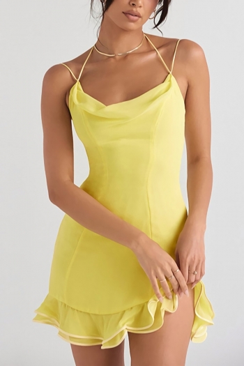 summer new solid color non-stretch chiffon halter-neck sling backless zip-up ruffle sexy mini dress