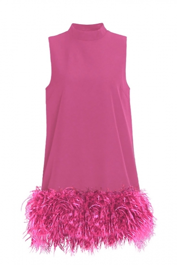 early autumn new three colors feather decor slight stretch sleeveless zip-up back stylish high quality mini dress