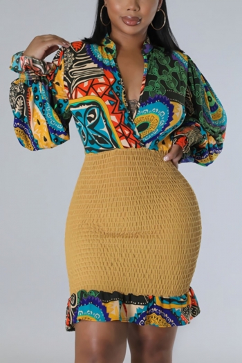 autumn new stylish printing patchwork slight stretch pleated plus size slim sexy mini dress