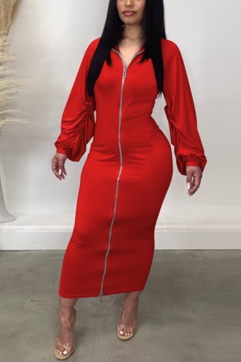 autumn new stylish 3 colors solid color slight stretch double head zip-up plus size shirring casual midi dress