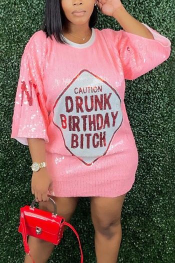 summer new stylish 3-colors letter printing sequins slight stretch loose plus size casual mini dress