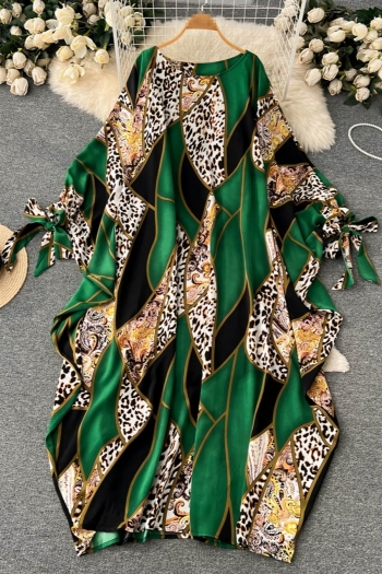 autumn new stylish 2 colors leopard batch printing crew neck lace-up long sleeve slight stretch casual midi dress