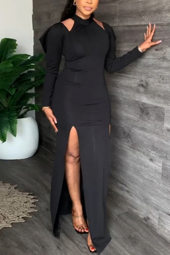 autumn new stylish three colors solid color crew neck long sleeve hollow zip-up stretch slit plus size sexy maxi dress