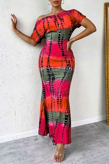 s-2xl plus size summer new tie-dye printing off-the-shoulder short sleeves stylish maxi dress