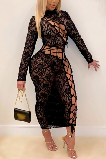 autumn new plus size see through lace stitching slight stretch hollow out lace-up sexy slim midi dress