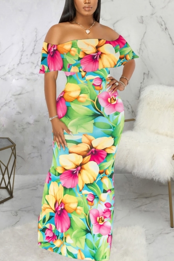 summer new stylish three colors flower batch printing off shoulder slight stretch plus size sexy maxi dress