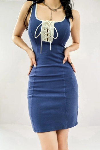 summer stitching slight stretch double straps lace-up sexy stylish bodycon mini dress