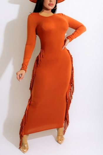 autumn new plus size 4 colors stretch tassel long sleeves solid color stylish maxi dress