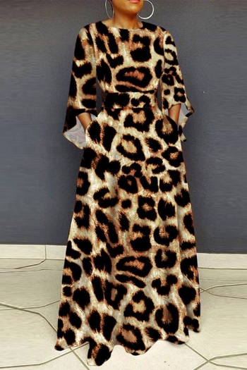 l-3xl plus size autumn new stylish leopard crew neck long sleeve slight stretch casual maxi dress