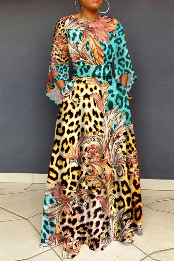 l-3xl plus size autumn new stylish leopard batch printing crew neck long sleeve slight stretch casual maxi dress