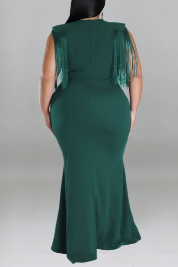 XL-5XL plus size early autumn new 5 colors stretch v-neck tassel solid color stylish maxi dress