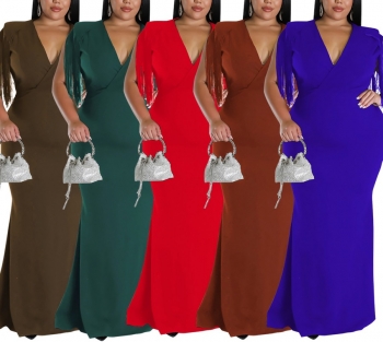 XL-5XL plus size early autumn new 5 colors stretch v-neck tassel solid color stylish maxi dress