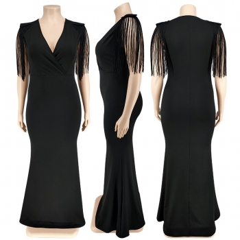 XL-5XL plus size early autumn new 5 colors stretch v-neck tassel solid color stylish maxi dress
