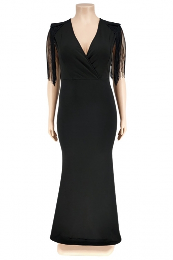XL-5XL plus size early autumn new 5 colors stretch v-neck tassel solid color stylish maxi dress