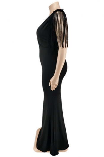 XL-5XL plus size early autumn new 5 colors stretch v-neck tassel solid color stylish maxi dress
