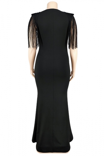 XL-5XL plus size early autumn new 5 colors stretch v-neck tassel solid color stylish maxi dress