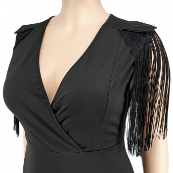 XL-5XL plus size early autumn new 5 colors stretch v-neck tassel solid color stylish maxi dress