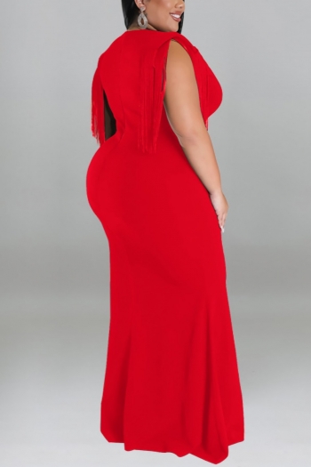XL-5XL plus size early autumn new 5 colors stretch v-neck tassel solid color stylish maxi dress