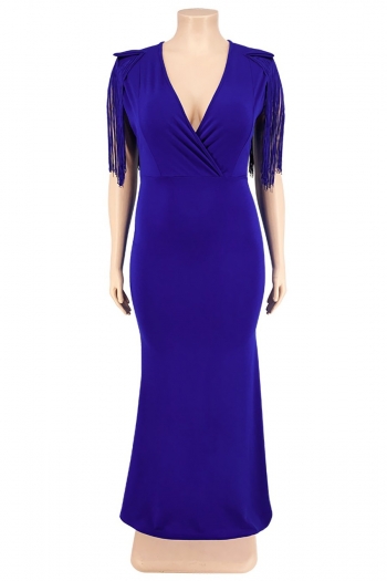 XL-5XL plus size early autumn new 5 colors stretch v-neck tassel solid color stylish maxi dress