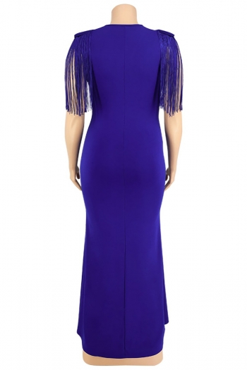 XL-5XL plus size early autumn new 5 colors stretch v-neck tassel solid color stylish maxi dress