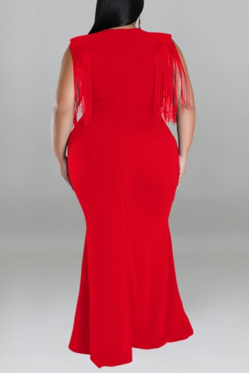 XL-5XL plus size early autumn new 5 colors stretch v-neck tassel solid color stylish maxi dress
