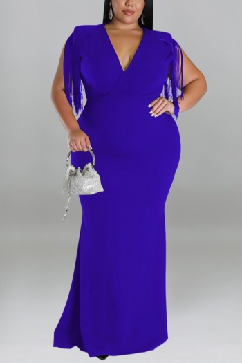 XL-5XL plus size early autumn new 5 colors stretch v-neck tassel solid color stylish maxi dress