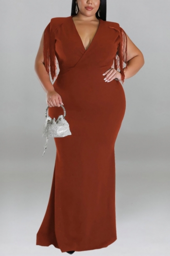 XL-5XL plus size early autumn new 5 colors stretch v-neck tassel solid color stylish maxi dress