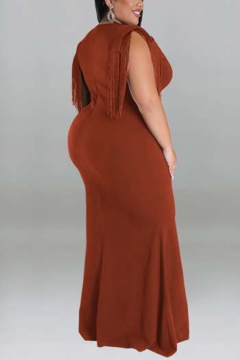 XL-5XL plus size early autumn new 5 colors stretch v-neck tassel solid color stylish maxi dress