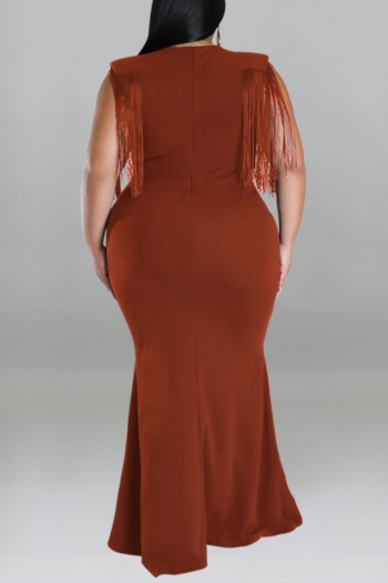 XL-5XL plus size early autumn new 5 colors stretch v-neck tassel solid color stylish maxi dress