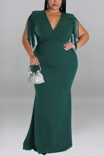 XL-5XL plus size early autumn new 5 colors stretch v-neck tassel solid color stylish maxi dress