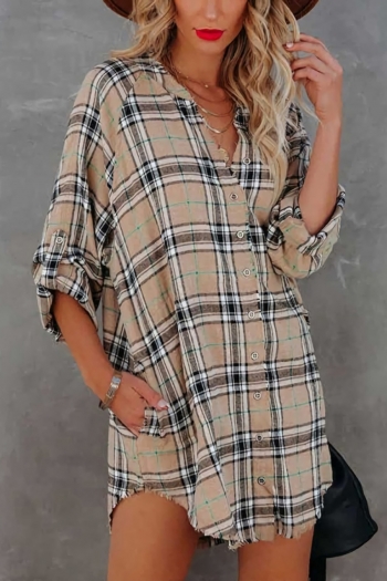 early autumn new plus size 4 colors non-stretch plaid printing single-breasted long sleeves pocket casual mini shirt dress