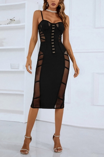 summer new stylish mesh patchwork see-through slight stretch slit single breasted sling zip-up high quality sexy midi dress
