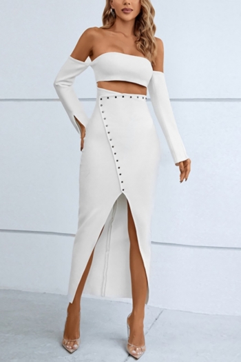 autumn new stylish solid color 3 colors off-shoulder hollow rivets slight stretch slit zip-up high quality sexy maxi dress