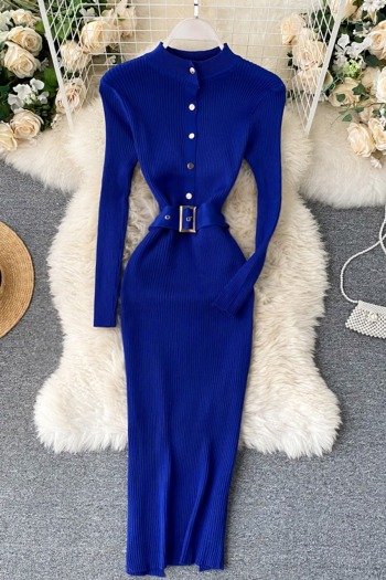 autumn & winter new 8 colors knitted slight stretch long sleeve single breasted nipped waist slit slim stylish classic midi dress (with belt)