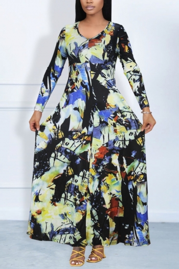 xs-l autumn new stylish batch printing slight stretch loose long sleeve casual maxi dress