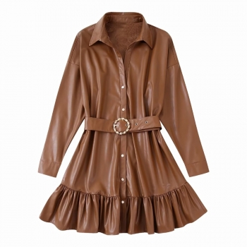xs-l autumn new non-stretch pu leather solid color single-breasted ruffle with belt high quality stylish mini dress