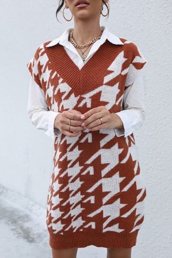 winter houndstooth knitted v-neck short sleeve loose slight stretch mini dress(without underwear & belt)