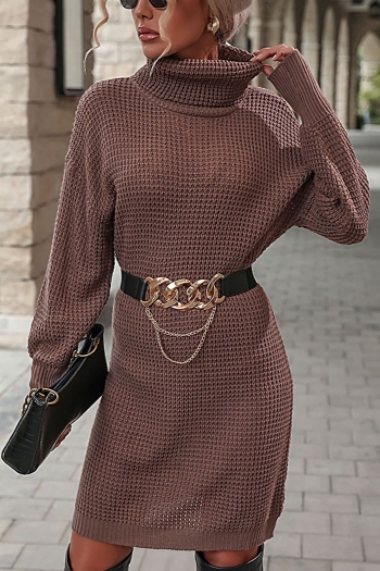 winter casual daily solid slight stretch knitted long sleeve high collar mini dress(without belt)