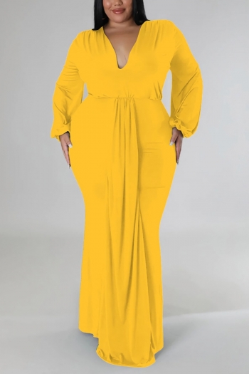 l-4xl plus size autumn new stylish 5 colors solid color slight stretch long sleeves deep v sexy maxi dress