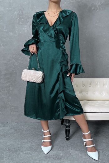xs-l autumn new solid color non-stretch satin v-neck ruffle lace-up petal long sleeves casual midi dress