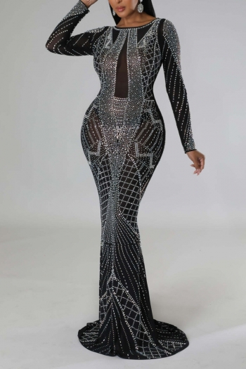 autumn new stylish 5 colors rhinestone zip-up high stretch mesh see-through plus size high quality sexy maxi dress