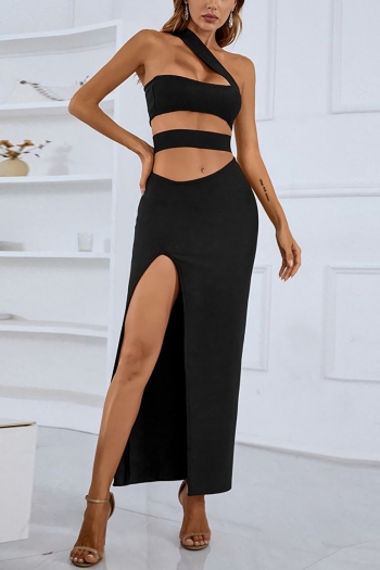 early autumn new stylish solid color one shoulder hollow slight stretch zip-up high slit high quality sexy maxi dress