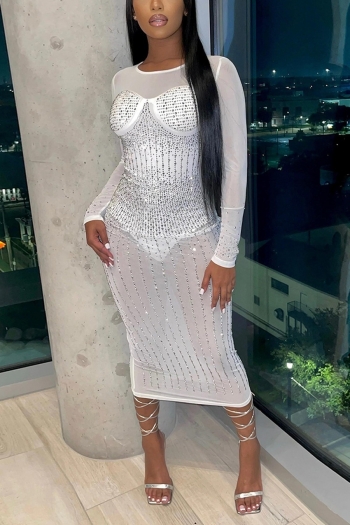 autumn new plus size stretch mesh see through rhinestone long sleeves zip-up high quality slim sexy midi dress(with lining)