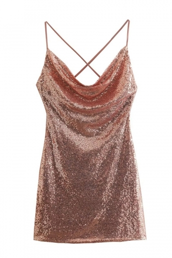 summer new slight stretch sequin solid color crossed sling backless zip-up slim sexy mini dress