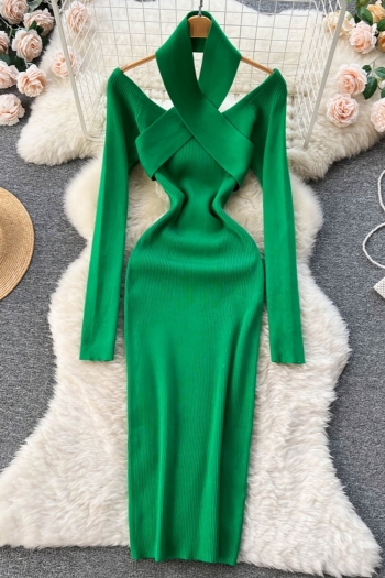 autumn new stylish 4 colors solid color halter-neck long sleeve stretch ribbed knit slim sexy midi dress