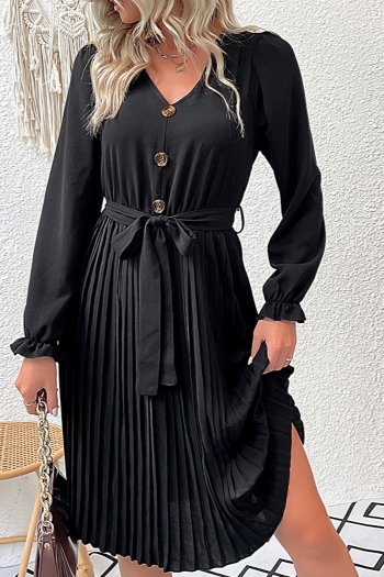 early autumn new solid color slight stretch long sleeve single breasted pleated lace up stylish classic midi dress (with belt)
