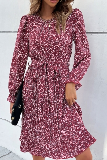 early autumn new 3 colors batch printing slight stretch trumpet sleeve lace up pleated swing stylish classic midi dress (with belt)