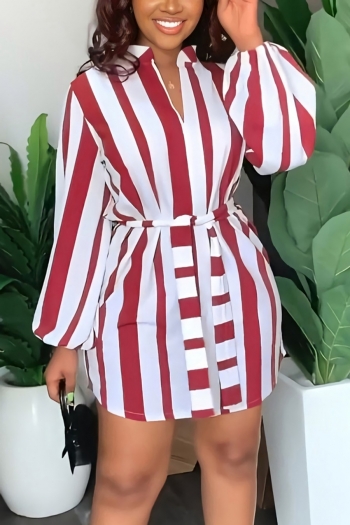 plus size four colors non-stretch stripe printing with belt casual mini dress